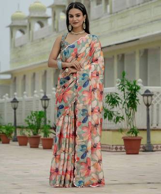 Green graceful chinon smart girlie printed ready to wear saree 1