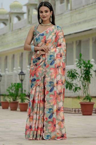 Green color graceful chinon fabric smart girlie printed ready to wear saree