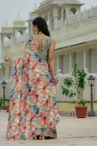 Green graceful chinon smart girlie printed ready to wear saree