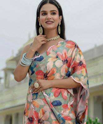 Green graceful chinon smart girlie printed ready to wear saree 4