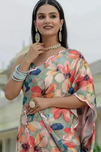 Green graceful chinon smart girlie printed ready to wear saree