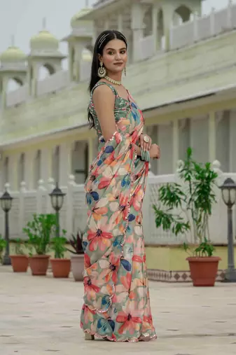 Green graceful chinon smart girlie printed ready to wear saree