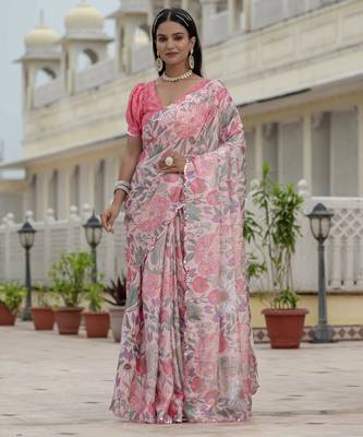 Pink graceful chinon smart girlie printed ready to wear saree 1