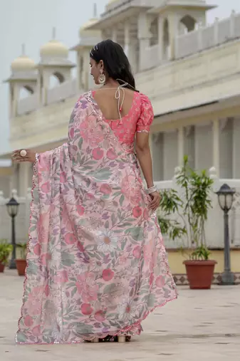 Pink graceful chinon smart girlie printed ready to wear saree