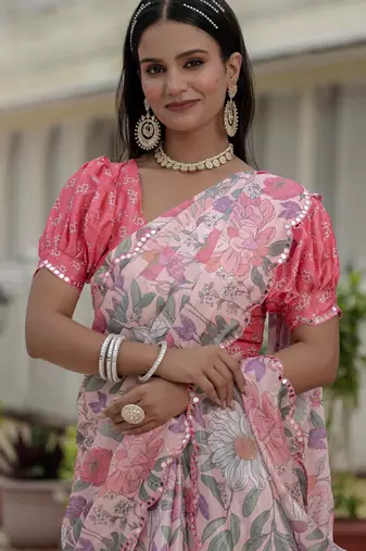 Pink graceful chinon smart girlie printed ready to wear saree