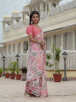 Pink graceful chinon smart girlie printed ready to wear saree 5