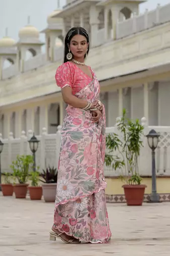 Pink graceful chinon smart girlie printed ready to wear saree