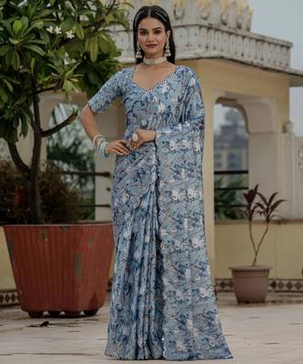 Grey graceful chinon smart girlie printed ready to wear saree 1