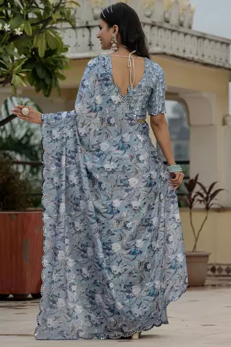 Grey graceful chinon smart girlie printed ready to wear saree