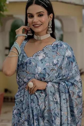 Grey graceful chinon smart girlie printed ready to wear saree