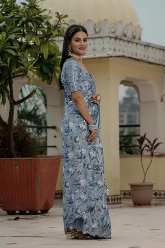 Grey graceful chinon smart girlie printed ready to wear saree