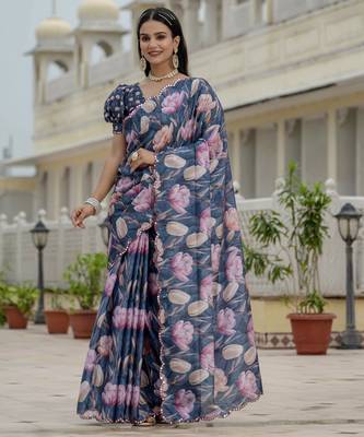 Blue graceful chinon smart girlie printed ready to wear saree 1