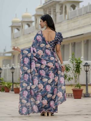 Blue graceful chinon smart girlie printed ready to wear saree 3