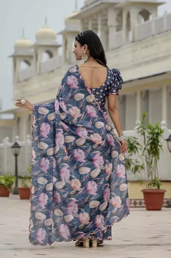 Blue graceful chinon smart girlie printed ready to wear saree