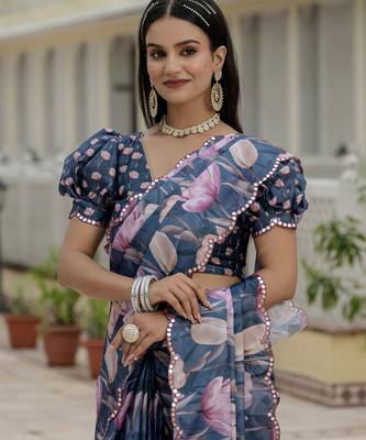 Blue graceful chinon smart girlie printed ready to wear saree 4