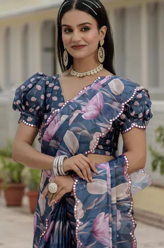 Blue graceful chinon smart girlie printed ready to wear saree