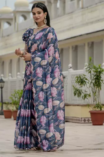 Blue graceful chinon smart girlie printed ready to wear saree