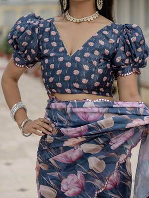 Blue graceful chinon smart girlie printed ready to wear saree 6