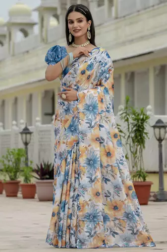 Multy color graceful chinon fabric smart girlie printed ready to wear saree