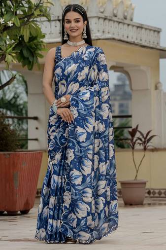 Blue color stylish ready to wear chinon fabric partywear saree