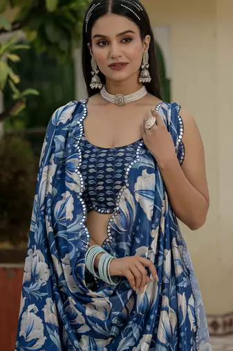 Blue stylish ready to wear chinon partywear saree