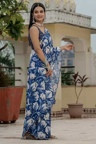 Blue stylish ready to wear chinon partywear saree