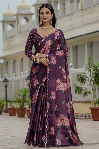 Purple color stylish ready to wear chinon fabric partywear saree