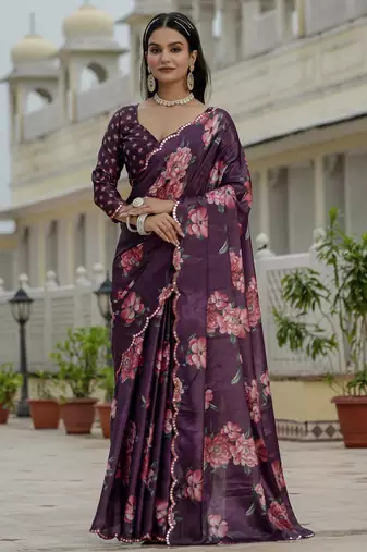 Purple color stylish ready to wear chinon fabric partywear saree