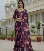 Purple color stylish ready to wear chinon fabric partywear saree