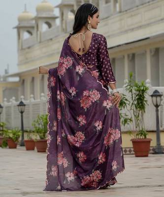 Purple stylish ready to wear chinon partywear saree 3