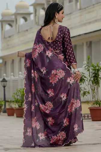 Purple stylish ready to wear chinon partywear saree