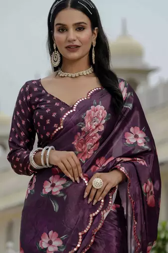 Purple stylish ready to wear chinon partywear saree