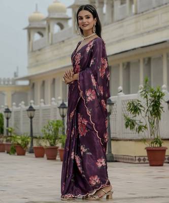 Purple stylish ready to wear chinon partywear saree 5