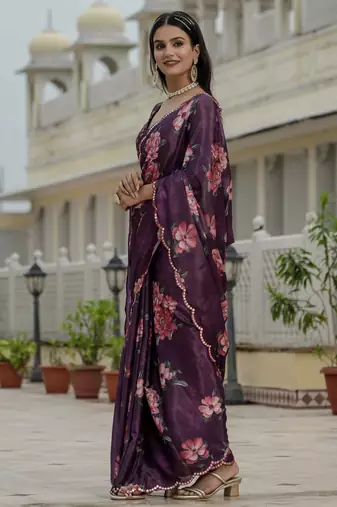 Purple stylish ready to wear chinon partywear saree