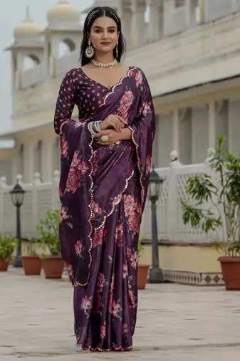 Purple stylish ready to wear chinon partywear saree