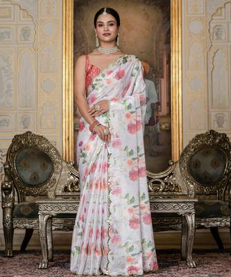 White stylish ready to wear chinon partywear saree 1