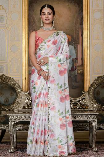 White color stylish ready to wear chinon fabric partywear saree