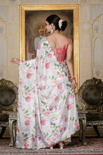 White stylish ready to wear chinon partywear saree