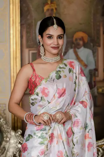 White stylish ready to wear chinon partywear saree