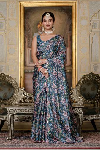 Green color stylish ready to wear chinon fabric partywear saree