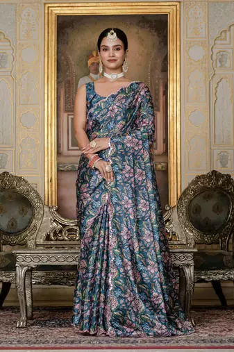 Green color stylish ready to wear chinon fabric partywear saree