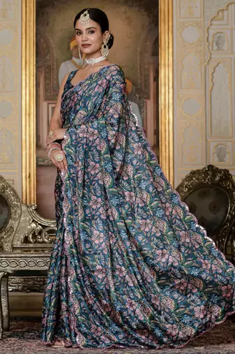 Green stylish ready to wear chinon partywear saree