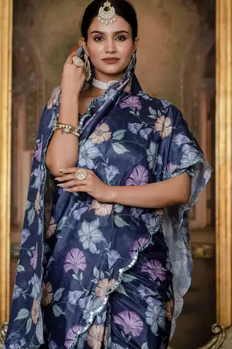 Lavender stylish ready to wear chinon partywear saree