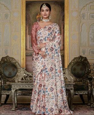 Cream stylish ready to wear chinon partywear saree 1