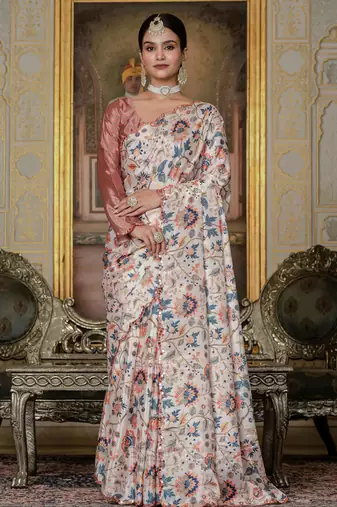 Cream color stylish ready to wear chinon fabric partywear saree