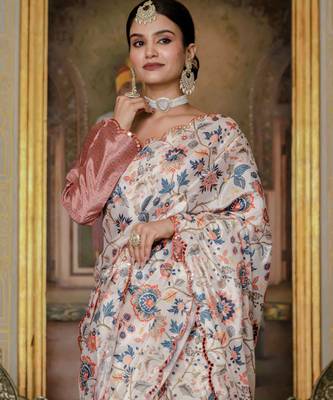 Cream stylish ready to wear chinon partywear saree 4