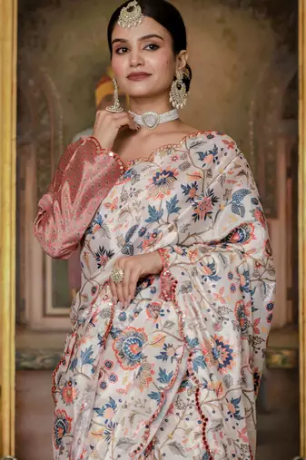 Cream stylish ready to wear chinon partywear saree