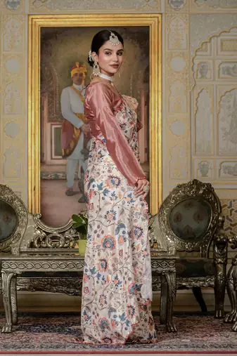 Cream stylish ready to wear chinon partywear saree