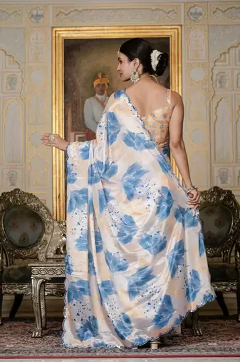 Off white stylish ready to wear chinon partywear saree