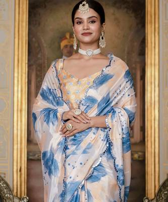 Off white stylish ready to wear chinon partywear saree 4